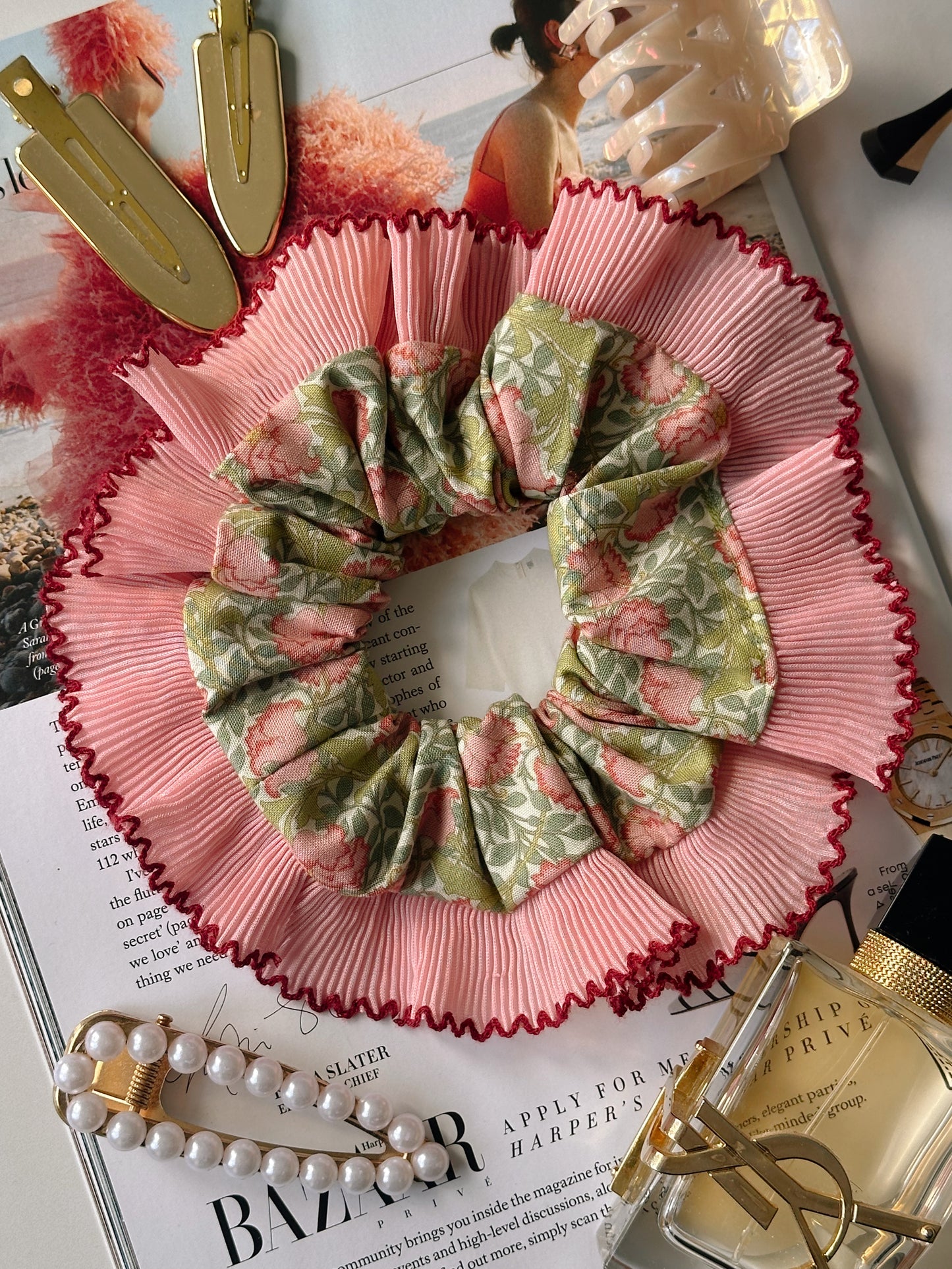 XL Victorian Floral Scrunchie with Pink and Red Frill Trim