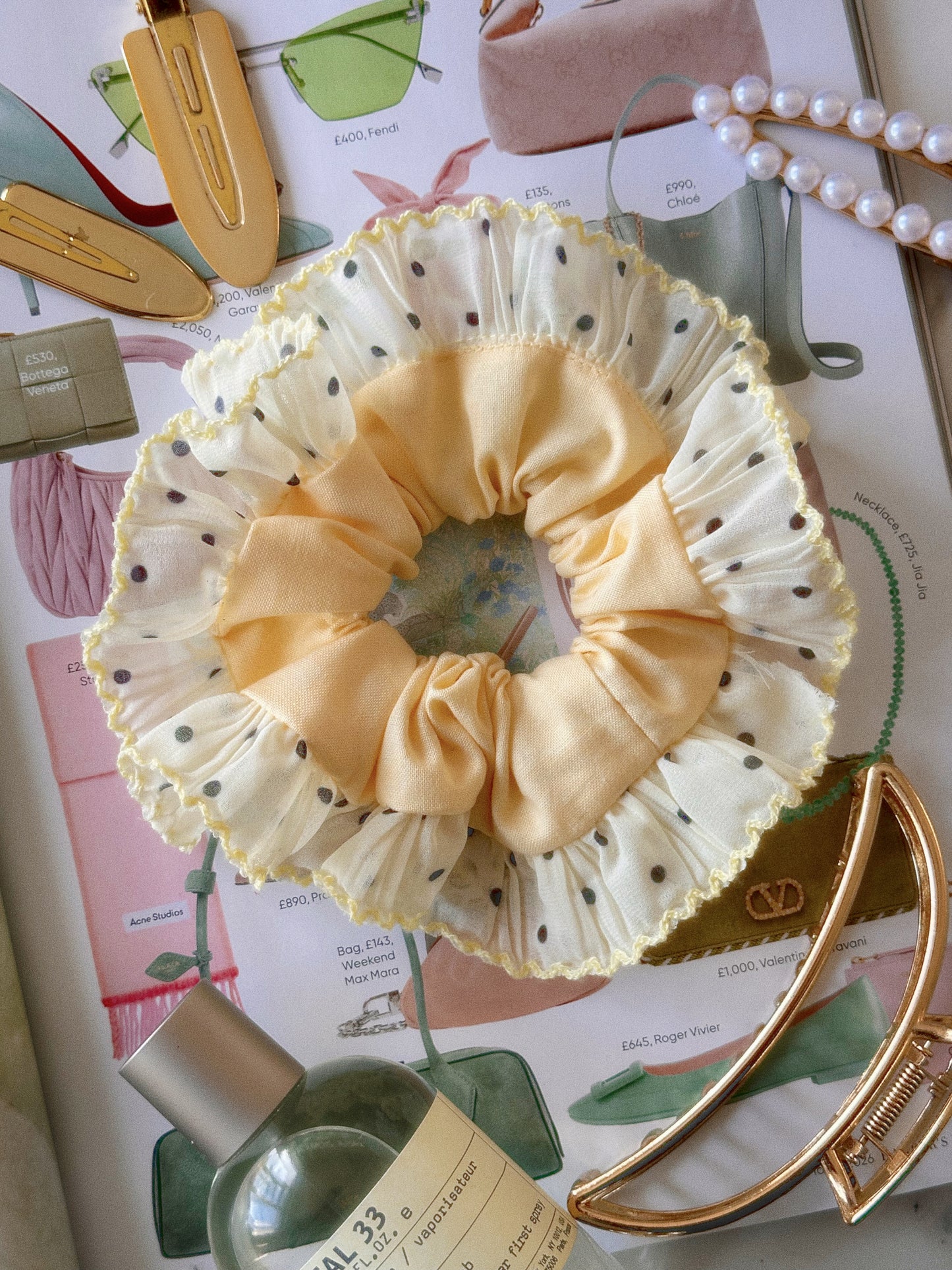 Oversized Butter Yellow Scrunchie with Polkadot Trim