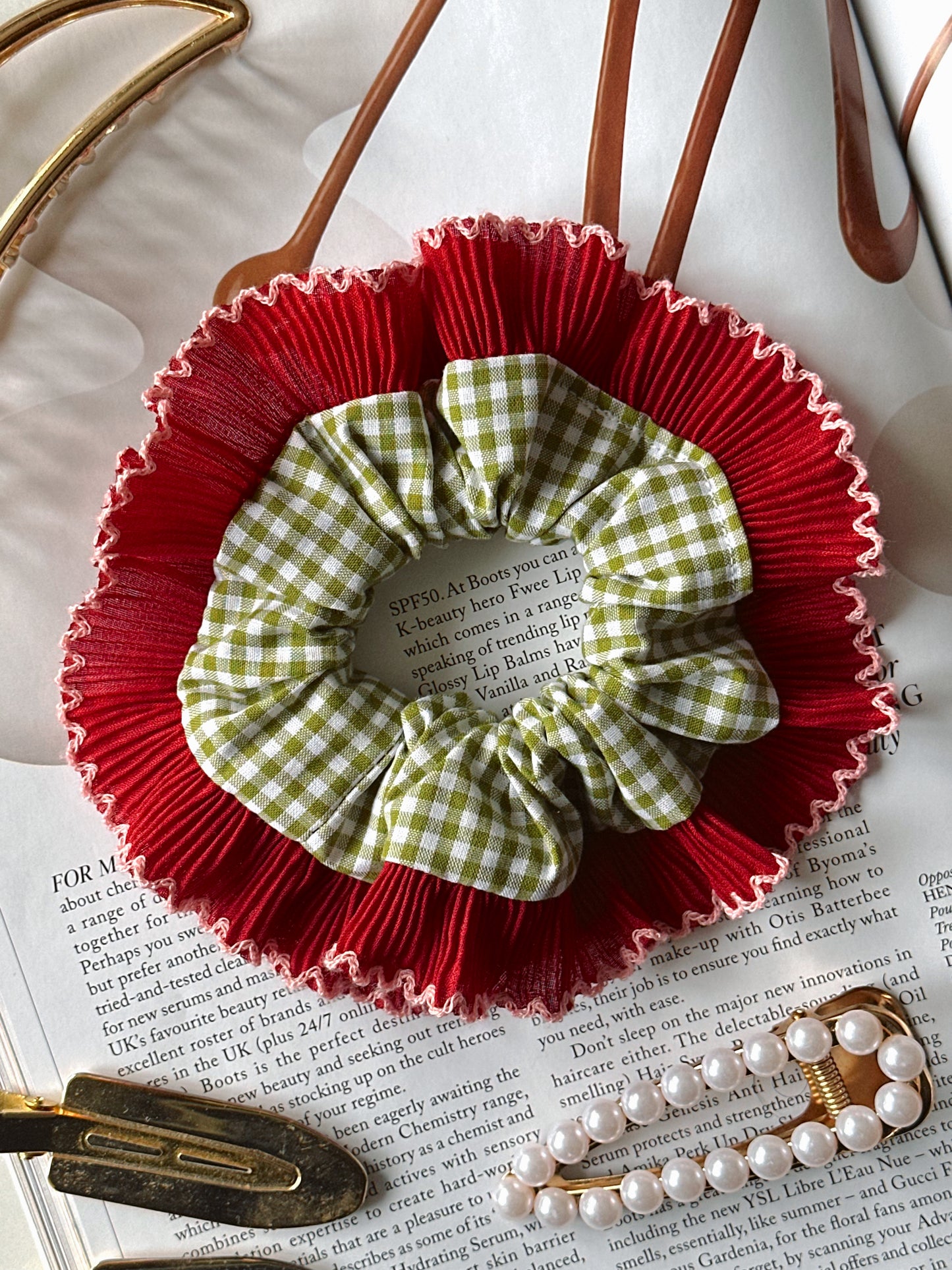 Mini Olive Green Gingham Scrunchie with Red Frill Trim
