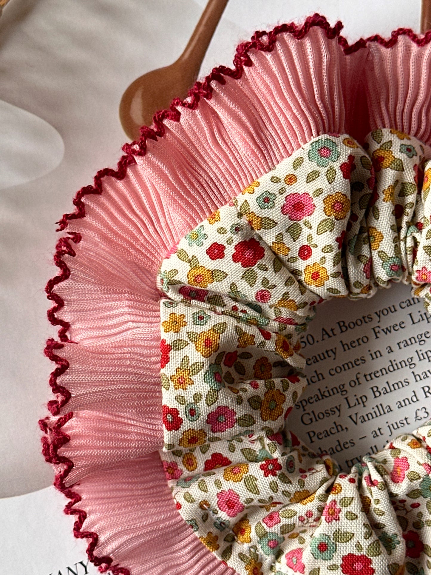 Mini Cream Floral Scrunchie with Pink Frill Trim