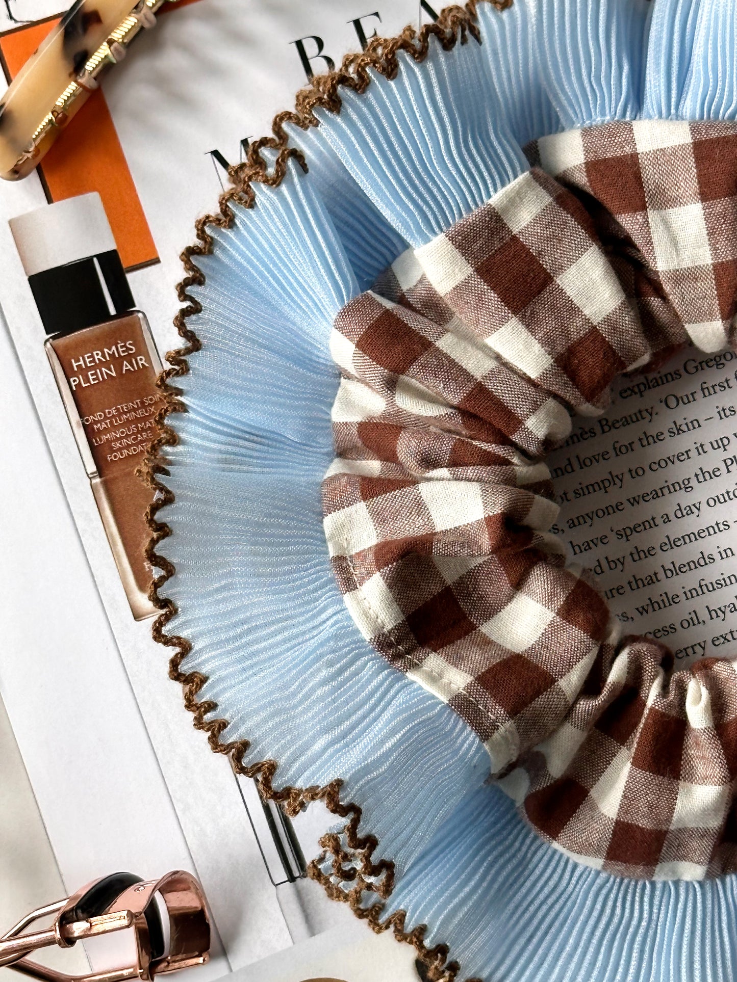 Handmade XL Brown Gingham Scrunchie with Blue and Brown Frill Trim