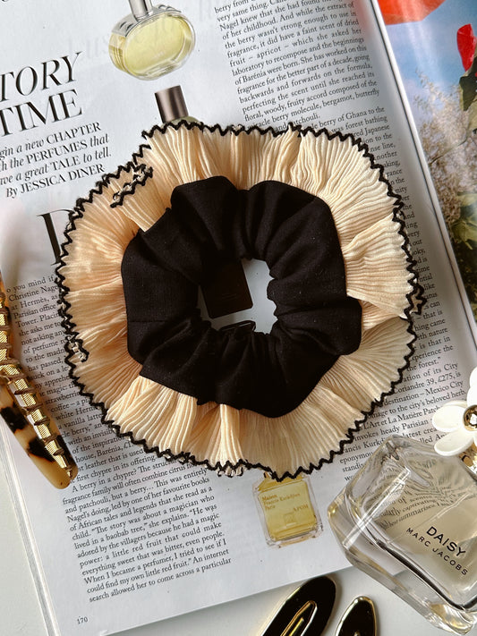 Smaller Oversized Black Scrunchie with Ivory and Black Frill Trim