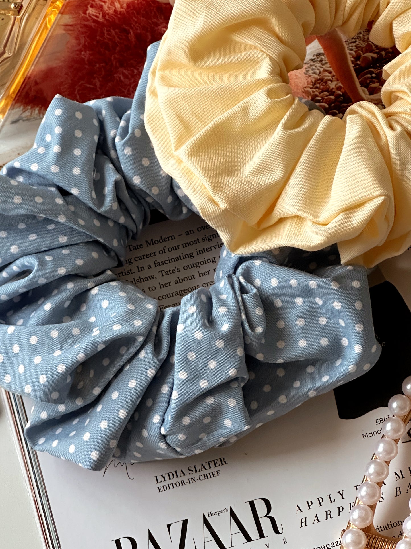 Baby Blue Polkadot & Butter Yellow Scrunchie Duo