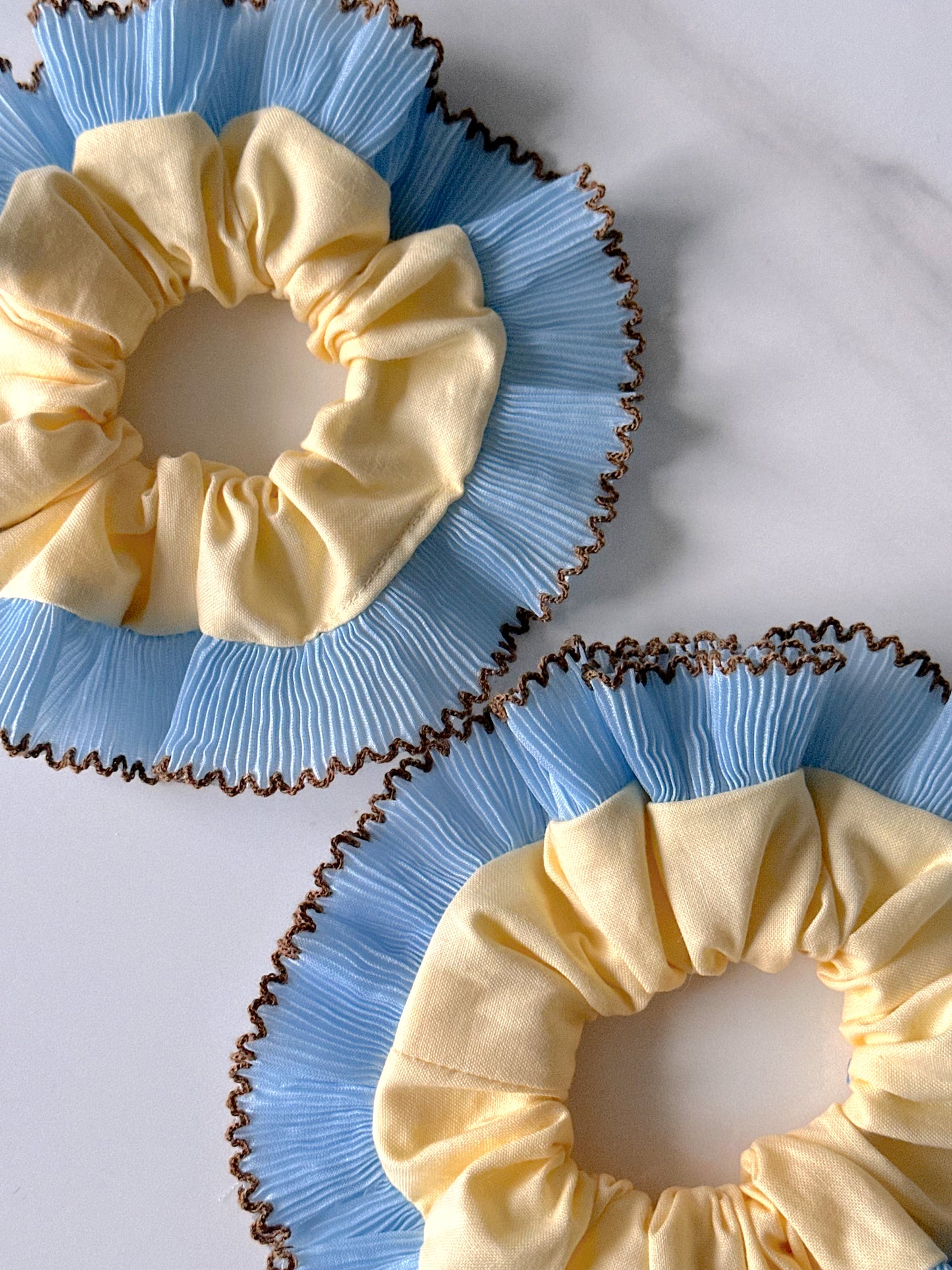 Handmade XL Butter Yellow Scrunchie with Blue and Brown Frill Trim