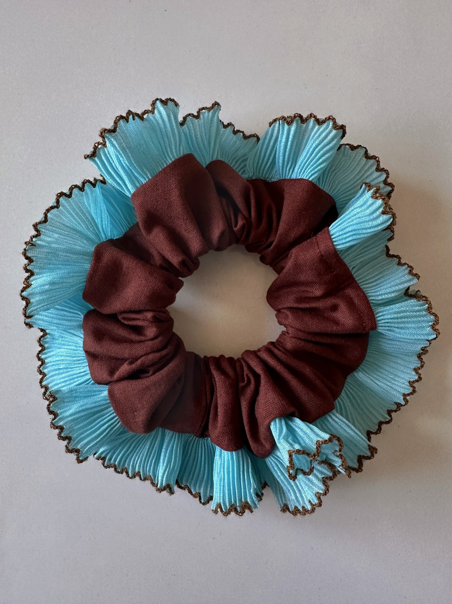 Handmade XL Chocolate Brown Scrunchie with Blue and Brown Frill Trim