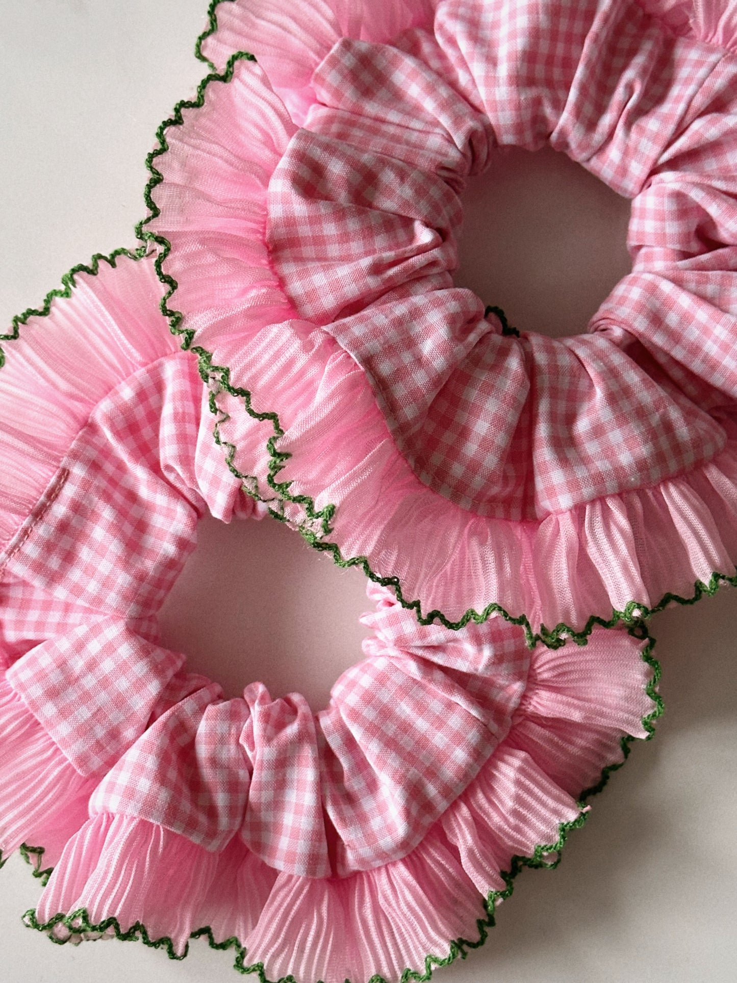 XL Pink Gingham Scrunchie with Pink and Green Frill Trim