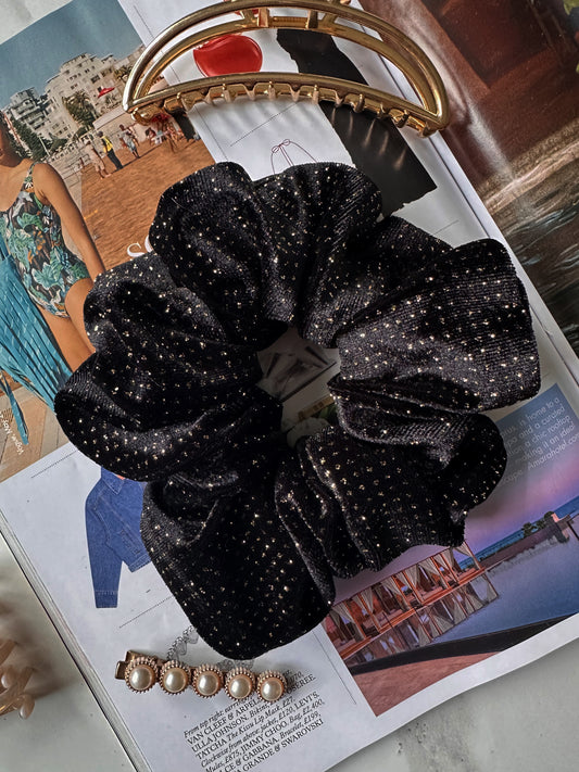 Oversized Black Velvet Gold Glitter Scrunchie