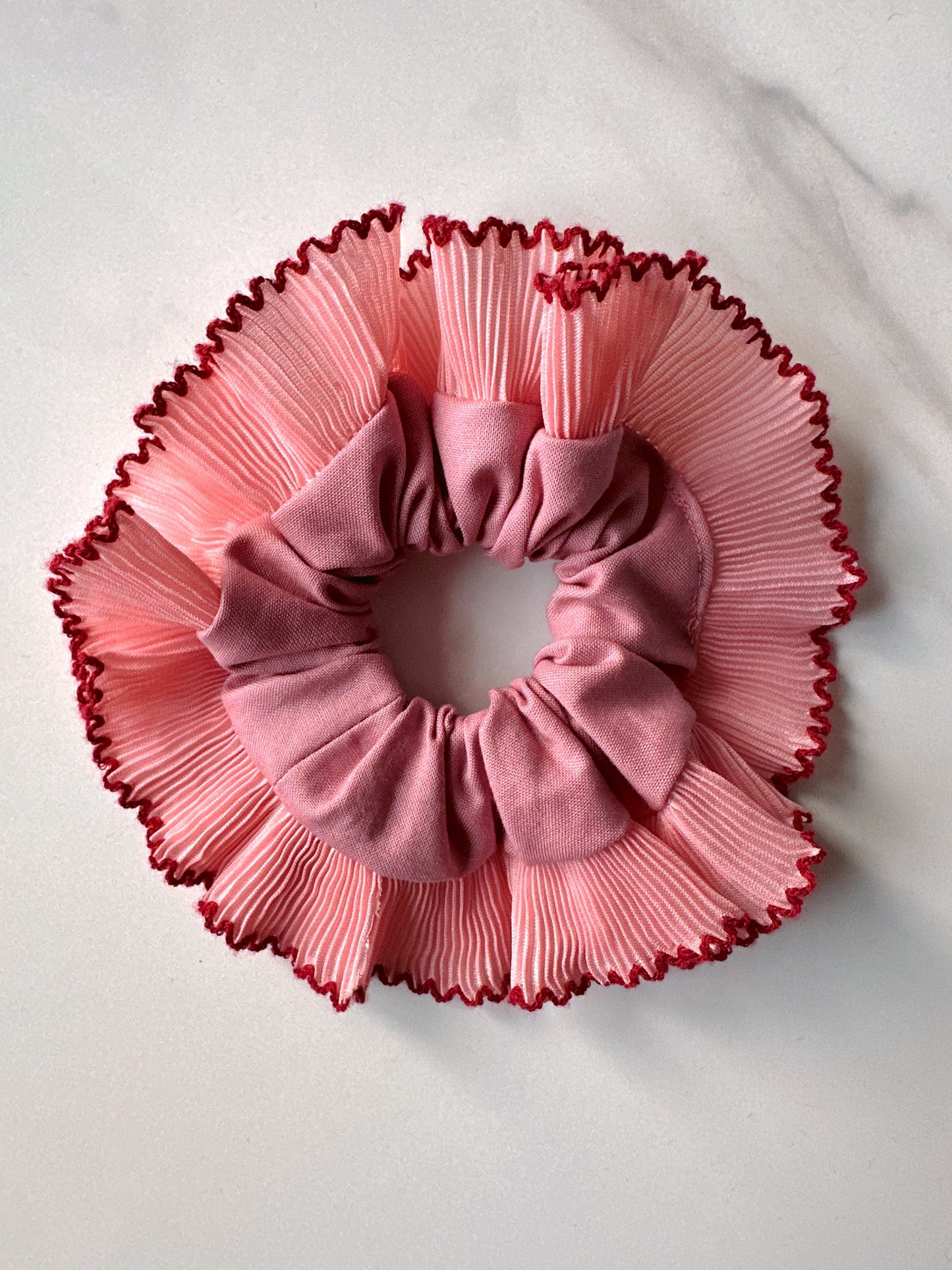 Smaller Oversized Dusk Pink Scrunchie with Pink and Red Frill Trim