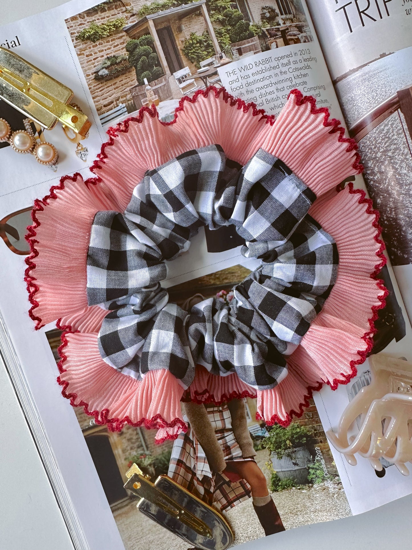 Handmade XL Black Gingham Scrunchie with Pink and Red Frill Trim