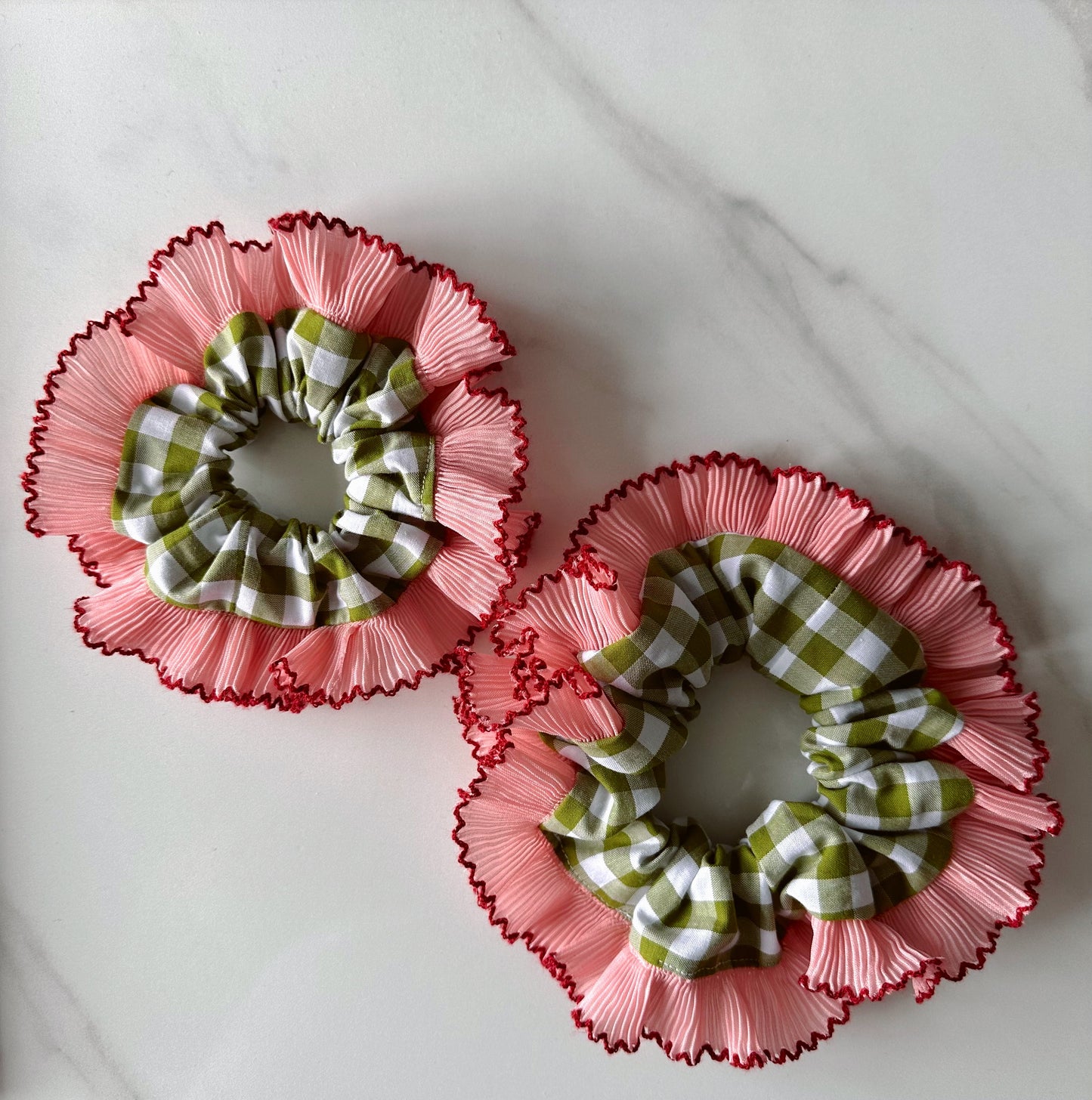 Mini Oversized Olive Green Gingham Scrunchie with Pink Frill Trim
