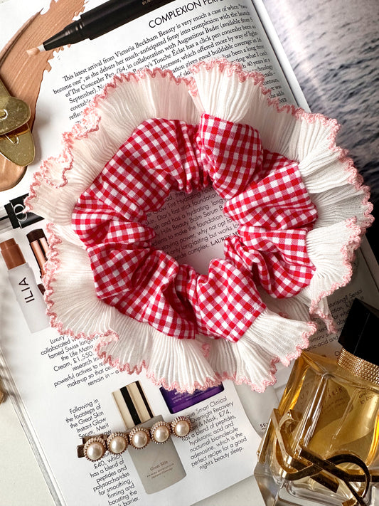 Handmade XL Red Gingham Scrunchie with White and Pink Frill Trim