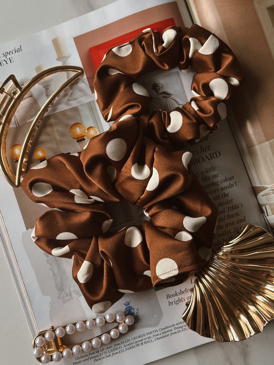 Brown and White Polkadot Satin Scrunchie