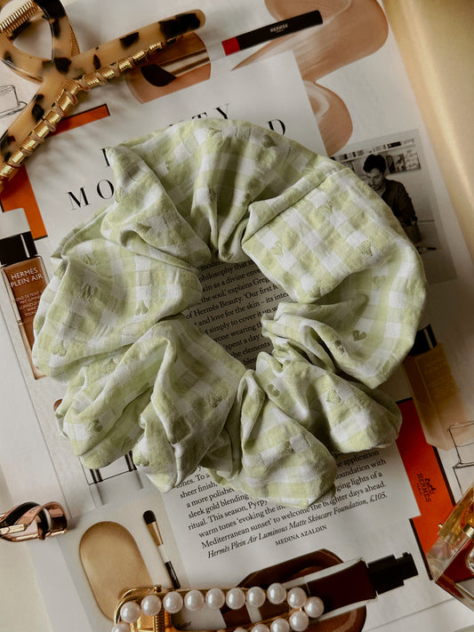 Valentines Pale Green Gingham and Heart Print Scrunchie
