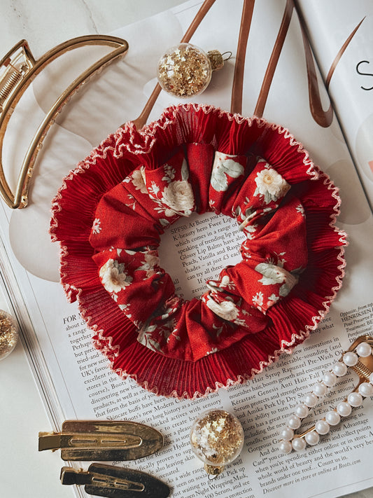 Red Floral Scrunchie with Red and Pink Frill Trim