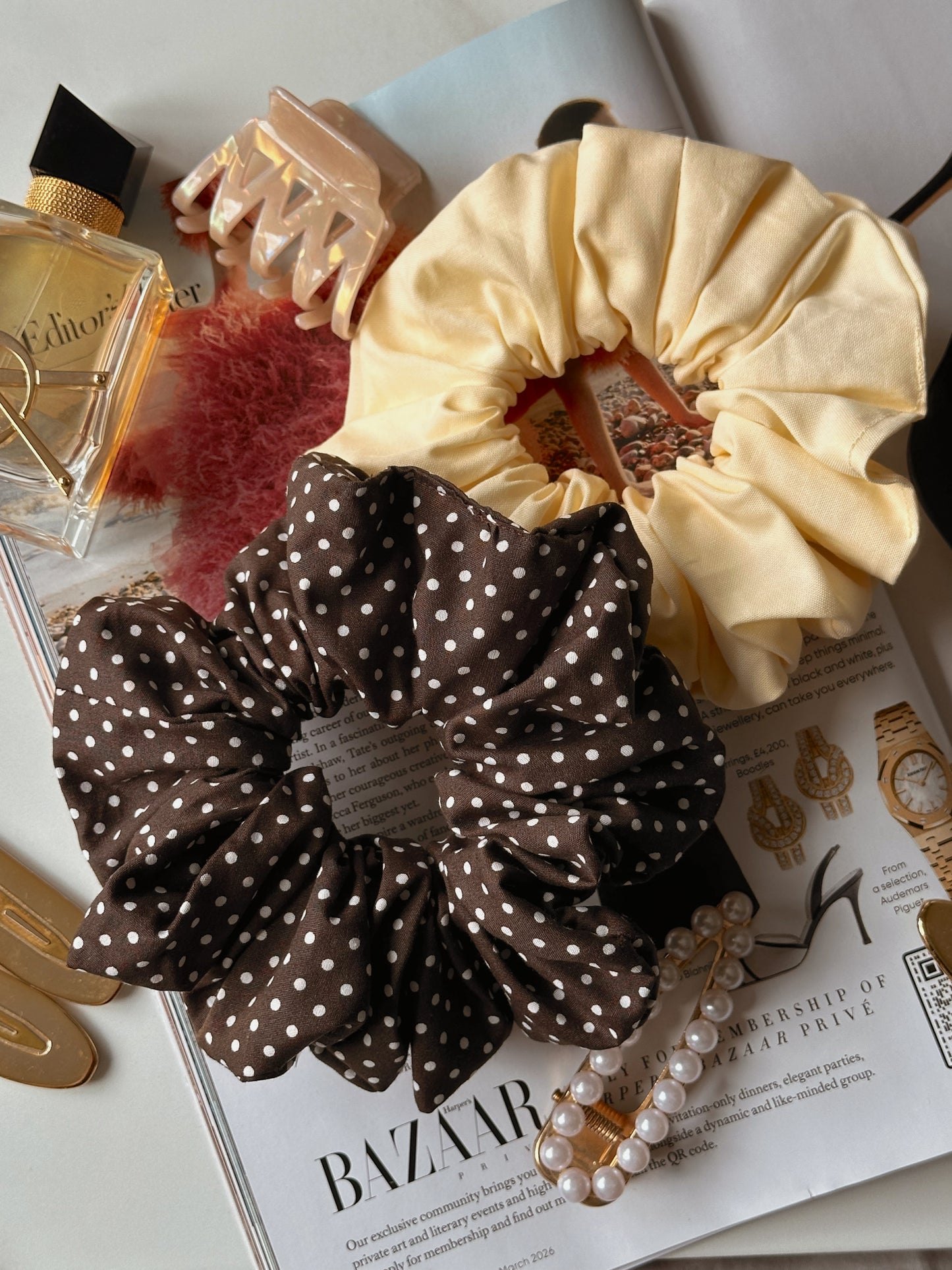 Brown Polkadot & Butter Yellow Scrunchie Duo