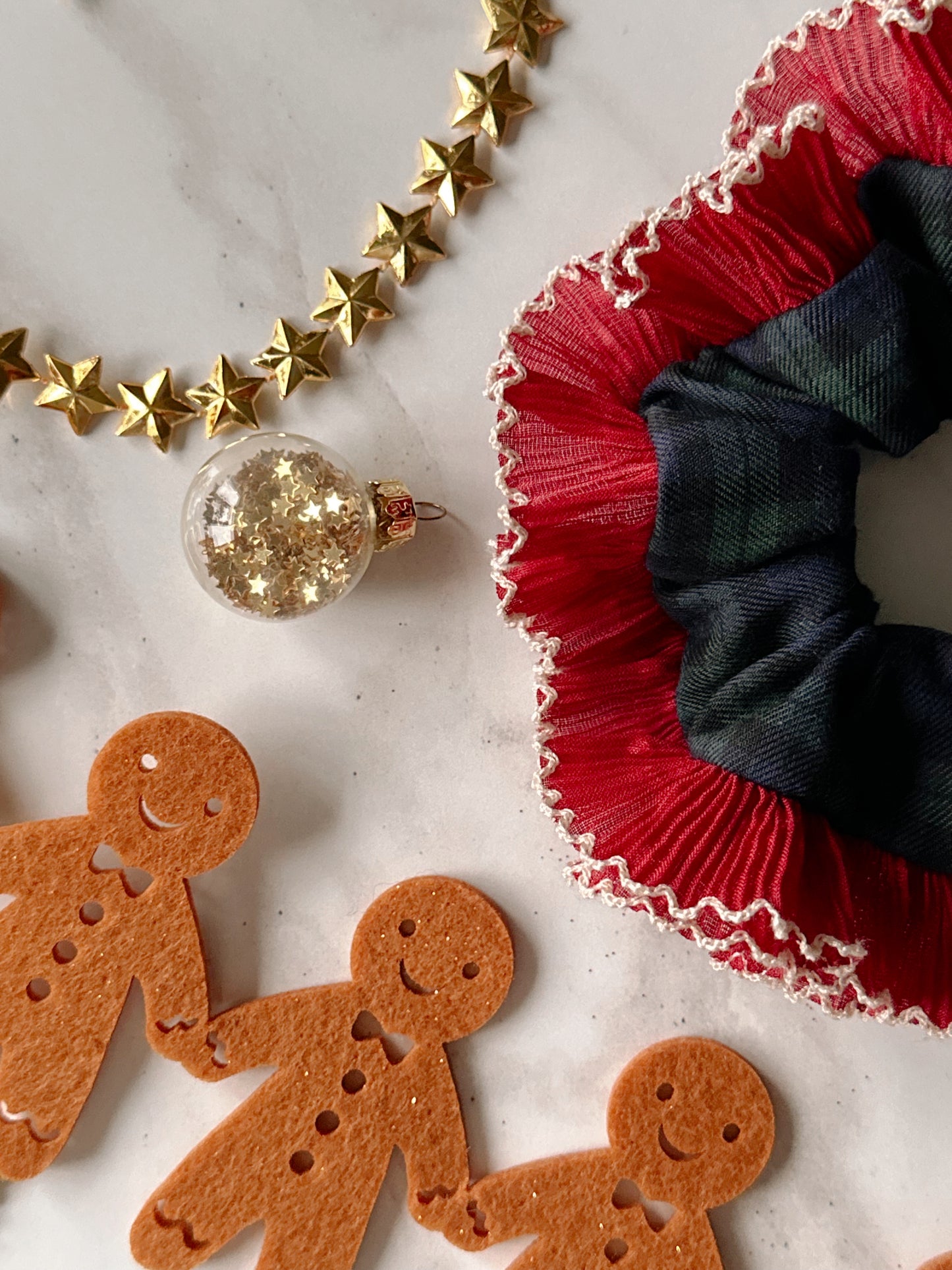 Blue and Green Tartan Scrunchie with Red and White Frill Trim