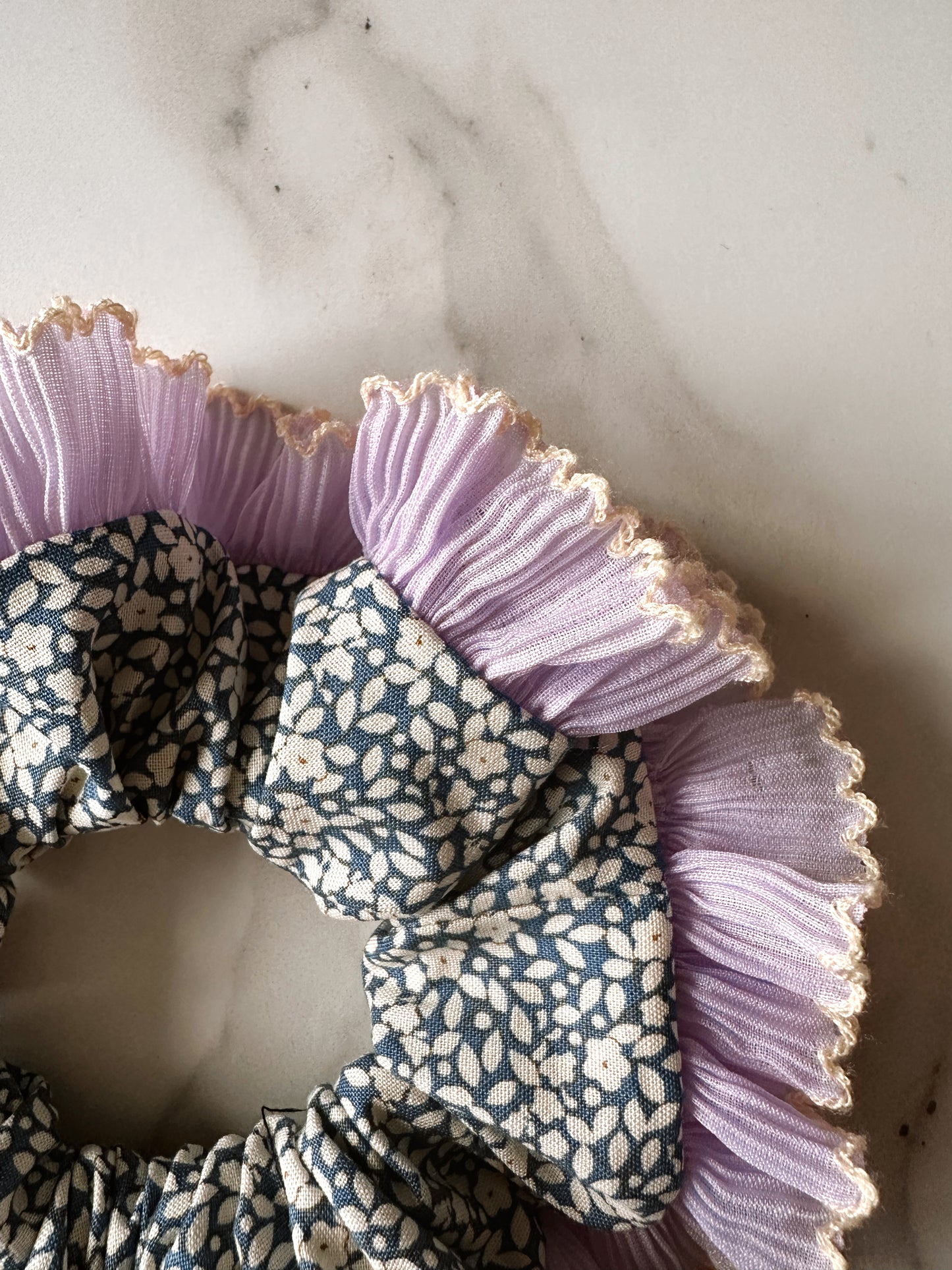 XL Blue Floral Scrunchie with Purple and White Frill Trim