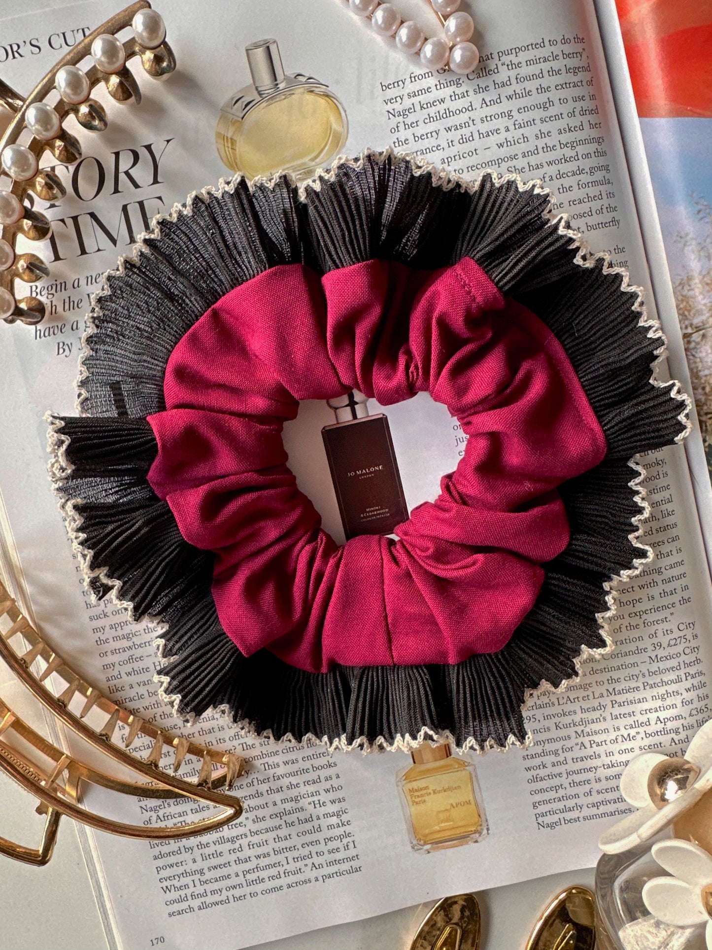 Handmade XL Dark Purple Scrunchie with Black Frill Trim