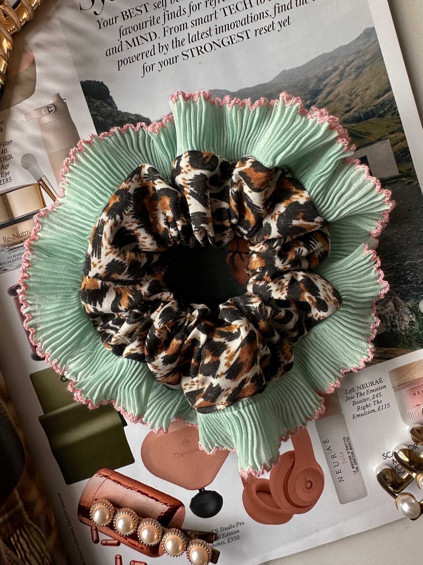 Mini Oversized Leopard Print Scrunchie with a Mint Green Frill Trim