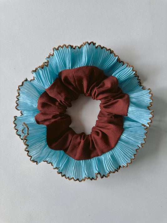 Mini Oversized Brown Scrunchie with Blue Frill Trim