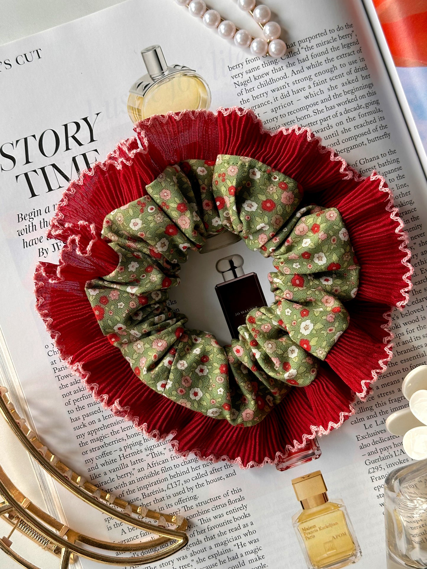 Handmade XL Dark Green Ditsy Floral Scrunchie with Red Frill Trim