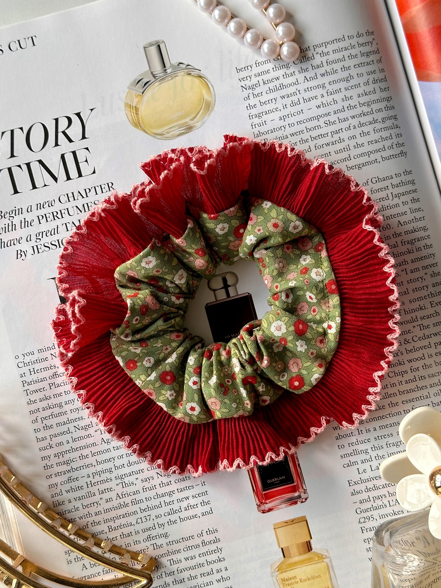 Smaller Oversized Dark Green Ditsy Floral Scrunchie with Red Frill Trim