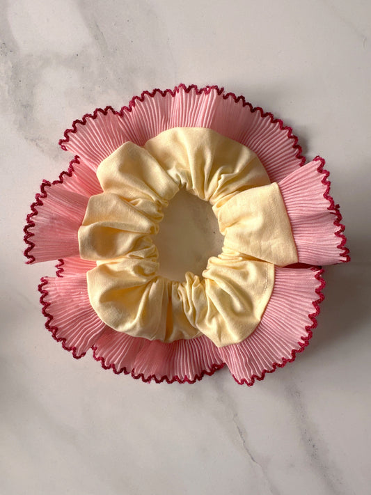 Handmade XL Butter Yellow and Pink Cotton Ruffle Scrunchie