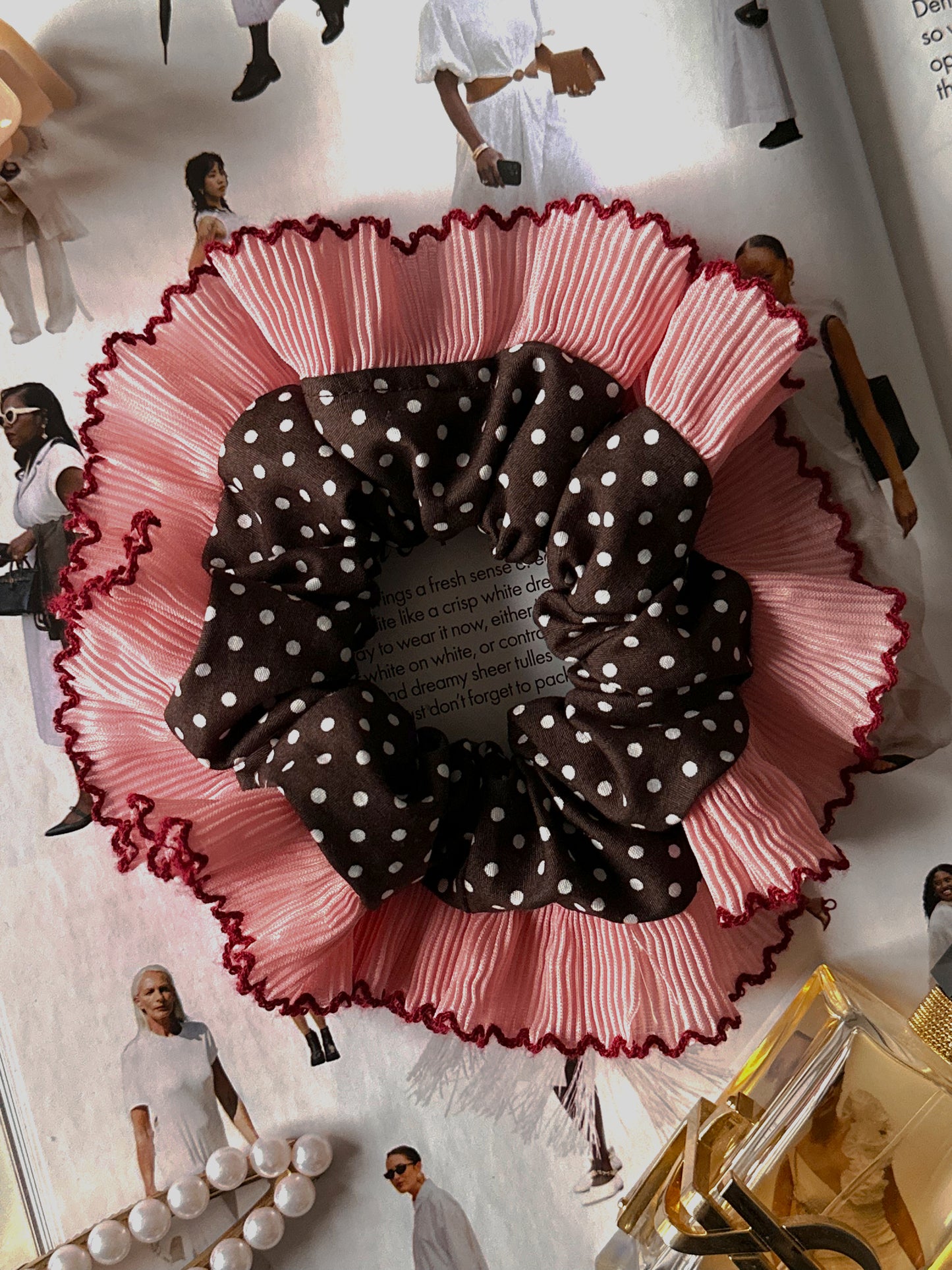 Oversized Dark Brown Polkadot Scrunchie with Pink Frill Trim