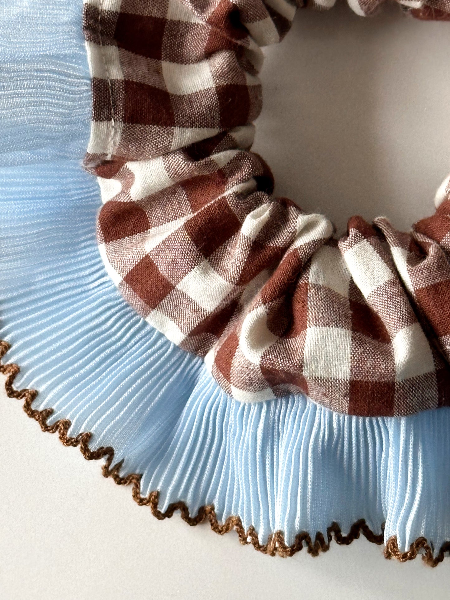 Handmade XL Brown Gingham Scrunchie with Blue and Brown Frill Trim