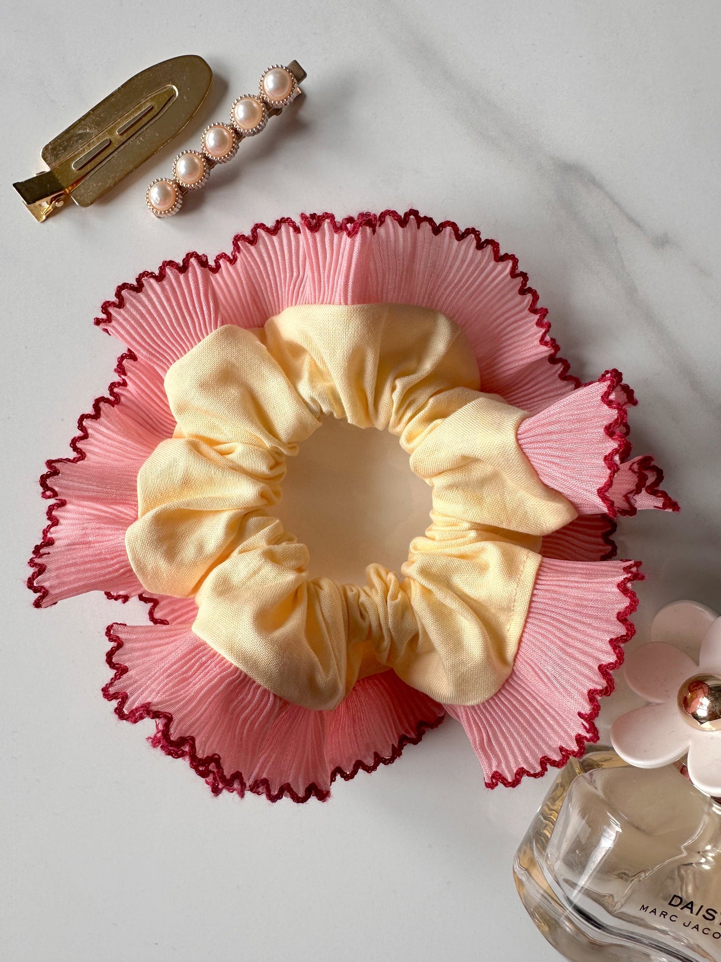 Handmade XL Butter Yellow and Pink Cotton Ruffle Scrunchie