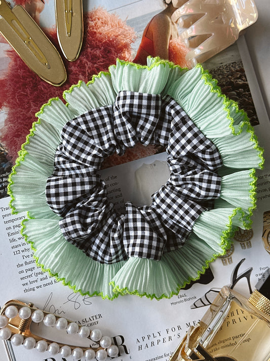 Black Gingham Scrunchie with Mint Green Frill Trim