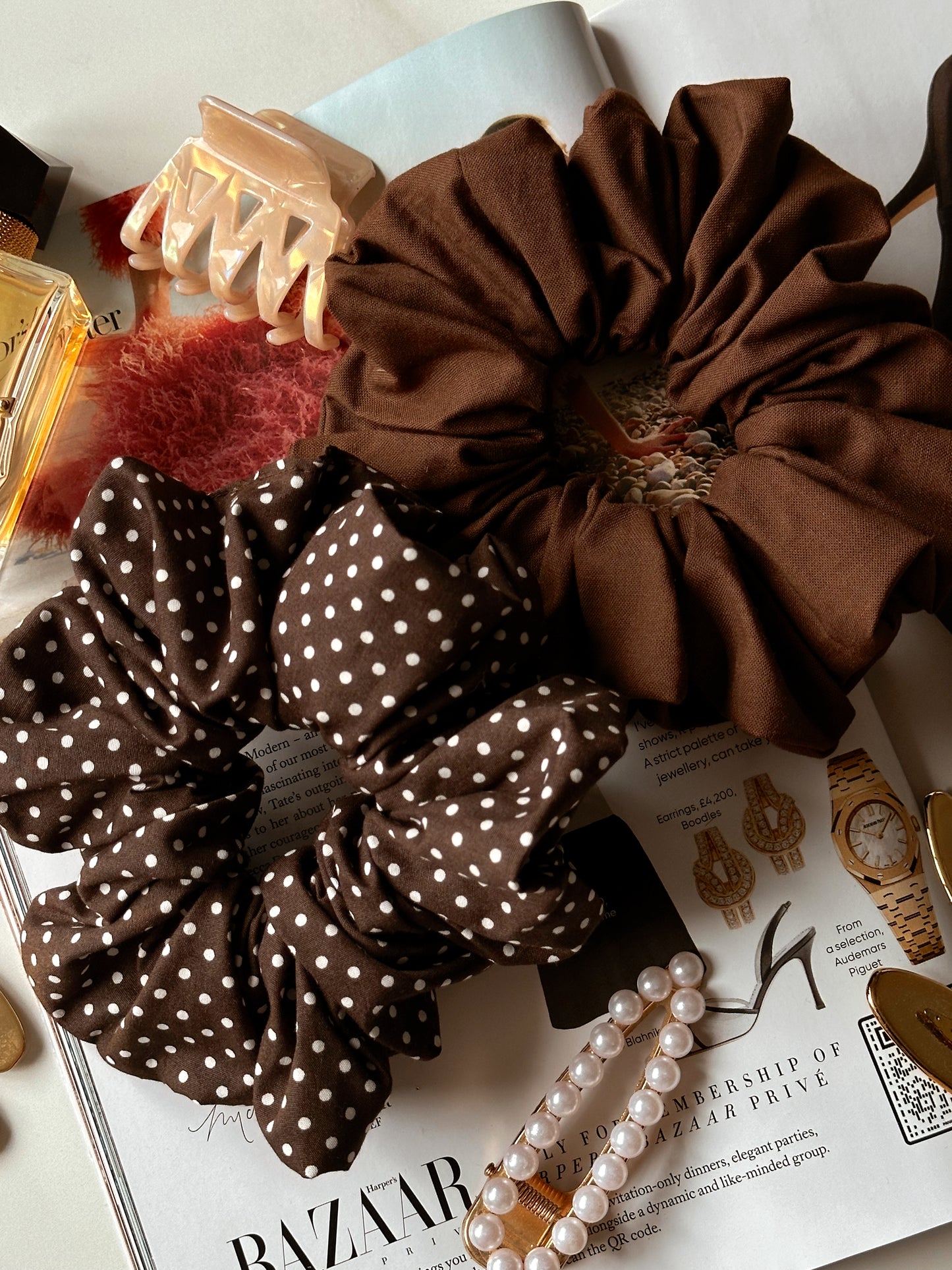 Chocolate Brown Polkadot & Brown Scrunchie Duo