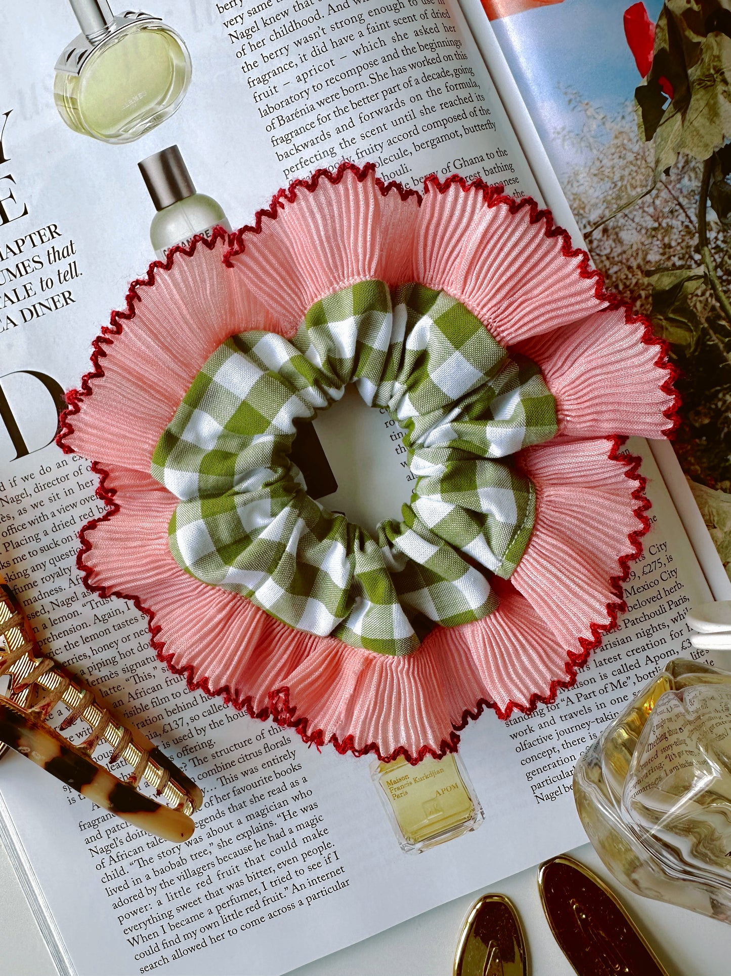 Mini Oversized Olive Green Gingham Scrunchie with Pink Frill Trim