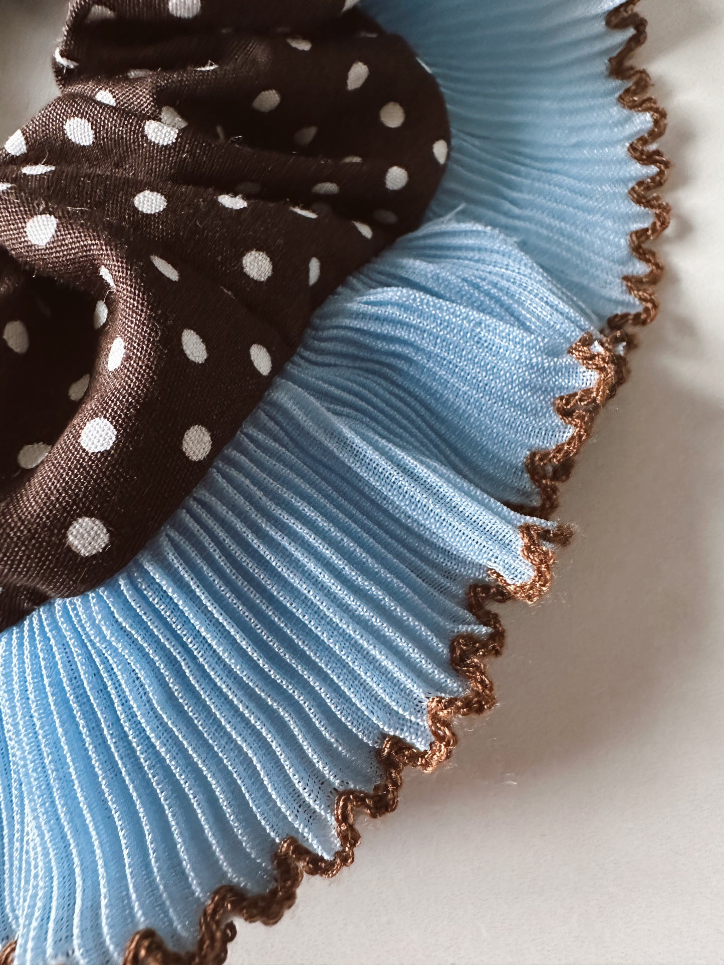 Oversized Dark Brown Polkadot Scrunchie with Baby Blue Frill Trim