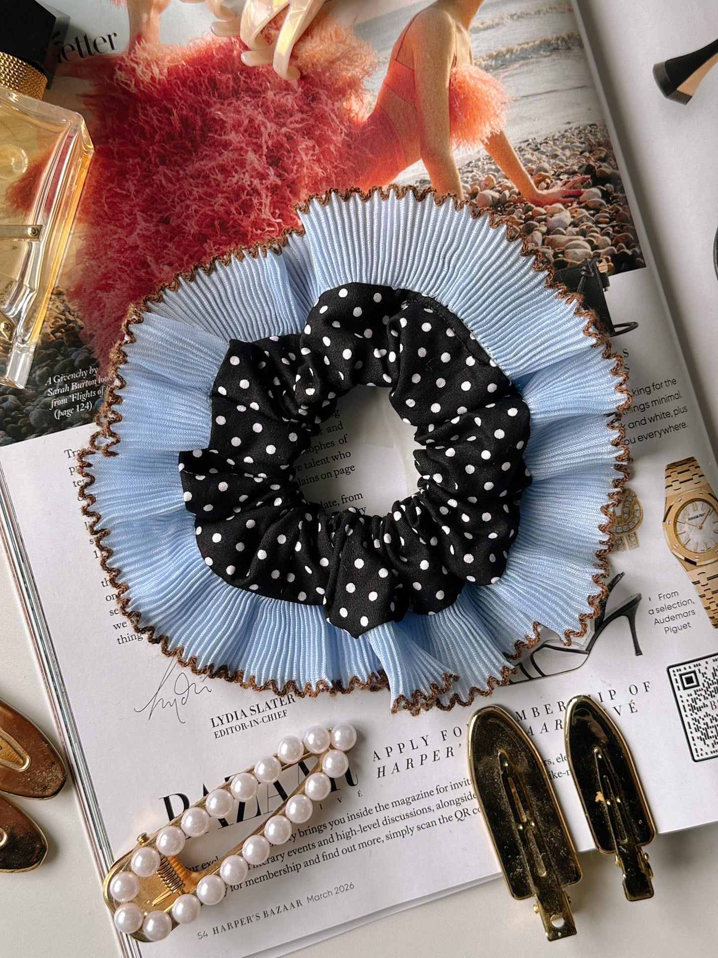 Oversized Black Polkadot Scrunchie with Baby Blue Frill Trim