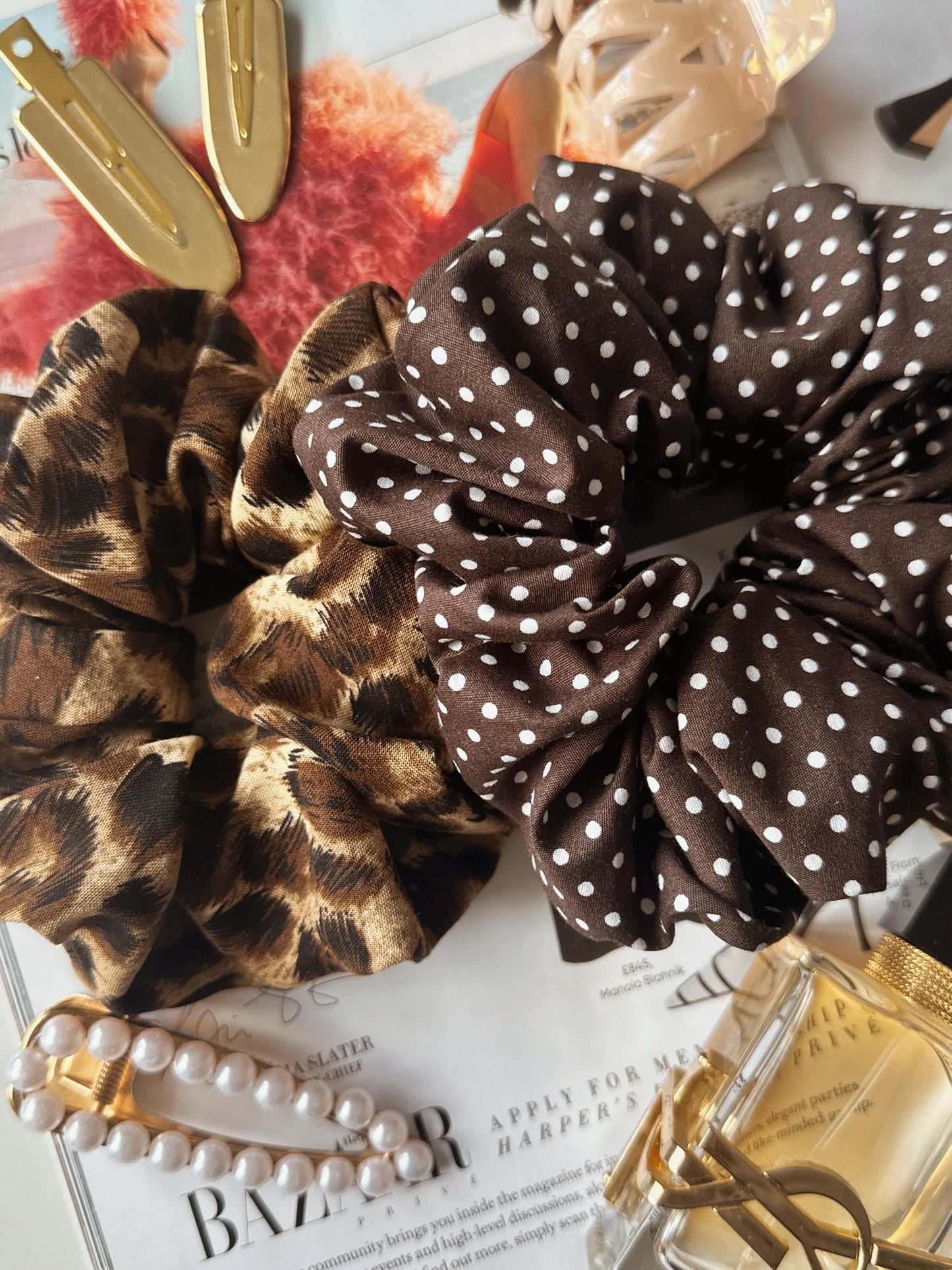 Brown Polkadot & Leopard Print Scrunchie Duo