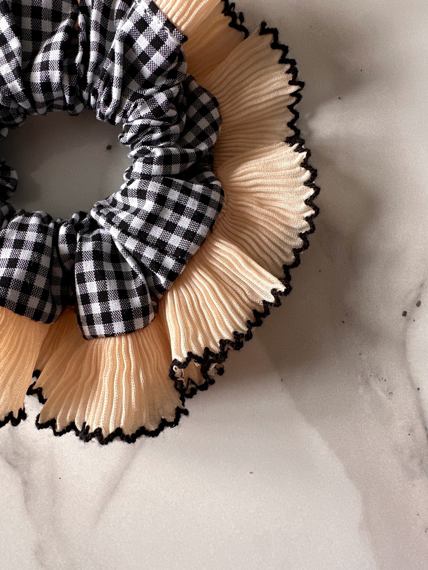 Smaller Black Gingham Scrunchie with Cream Frill Trim