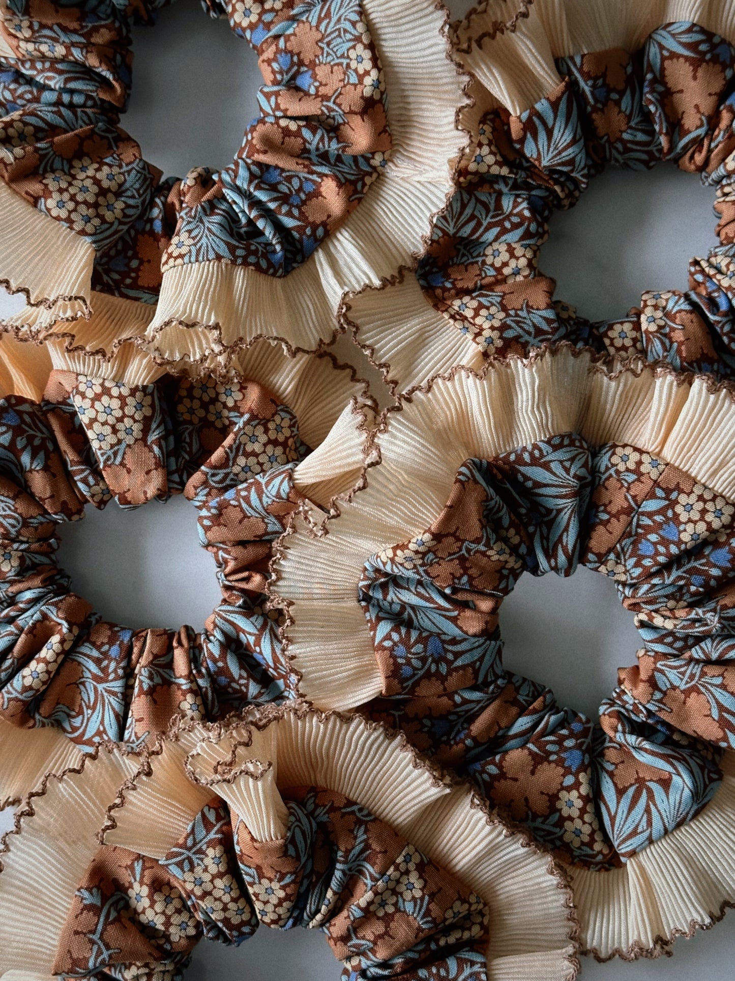 XL Brown Floral Scrunchie with Cream and Brown Frill Trim