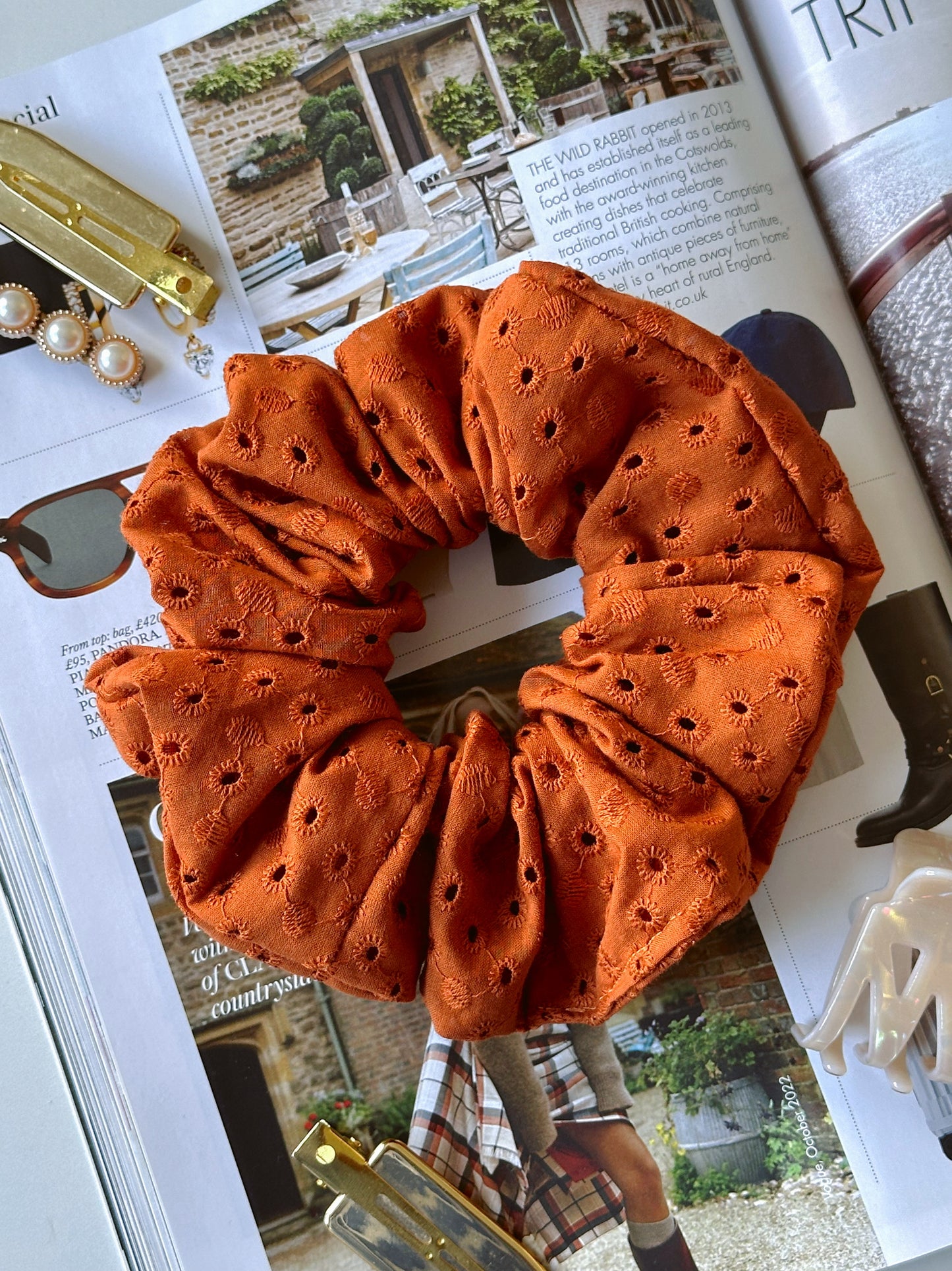 Handmade Rust Brown Embroidered Scrunchie