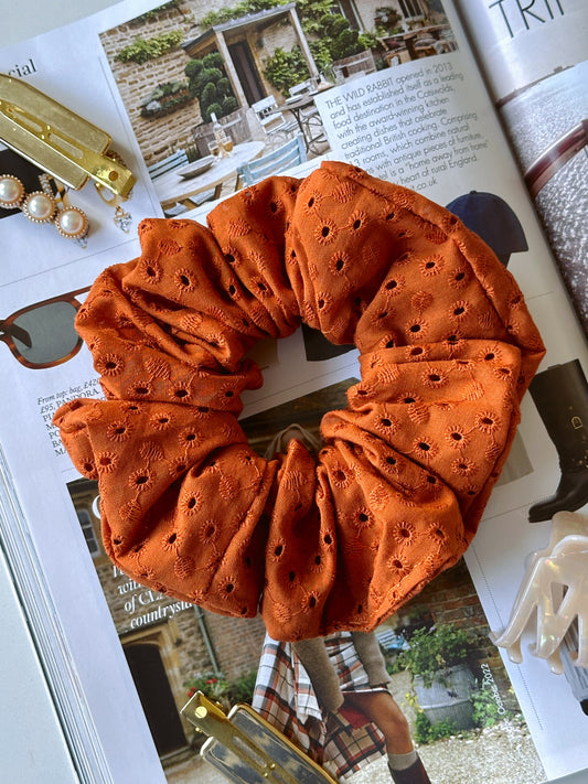 Handmade Rust Brown Embroidered Scrunchie
