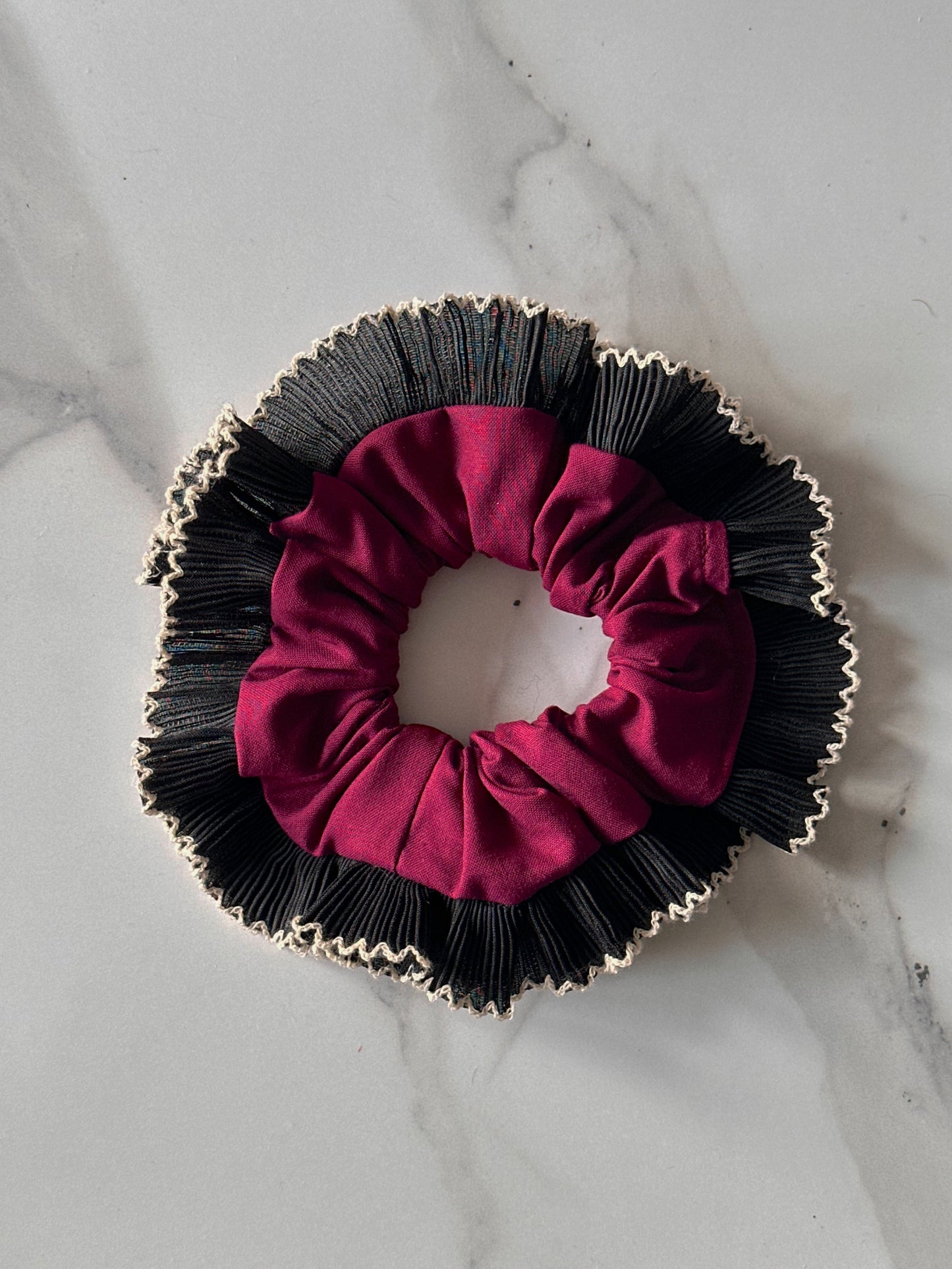Handmade XL Dark Purple Scrunchie with Black Frill Trim