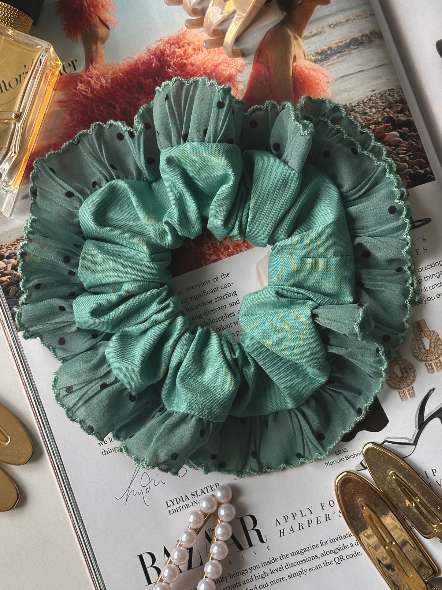 Oversized Teal Scrunchie with Teal Polkadot Trim