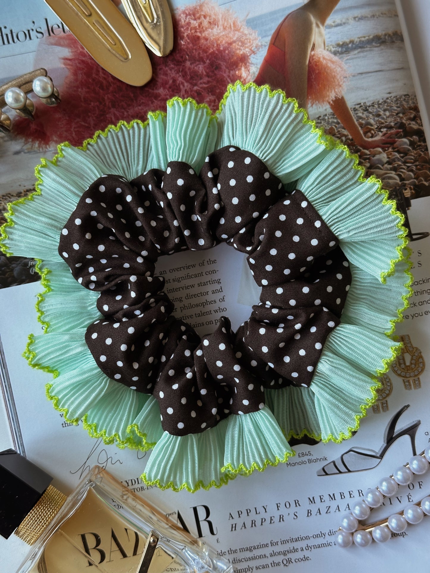 Oversized Dark Brown Polkadot Scrunchie with Green Frill Trim