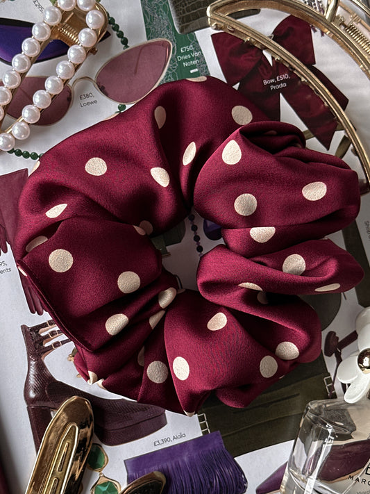 Burgundy Polkadot Silk Scrunchie