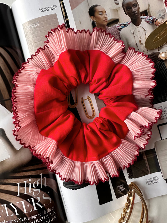 XL Red Scrunchie with Pink and Red Frill Trim