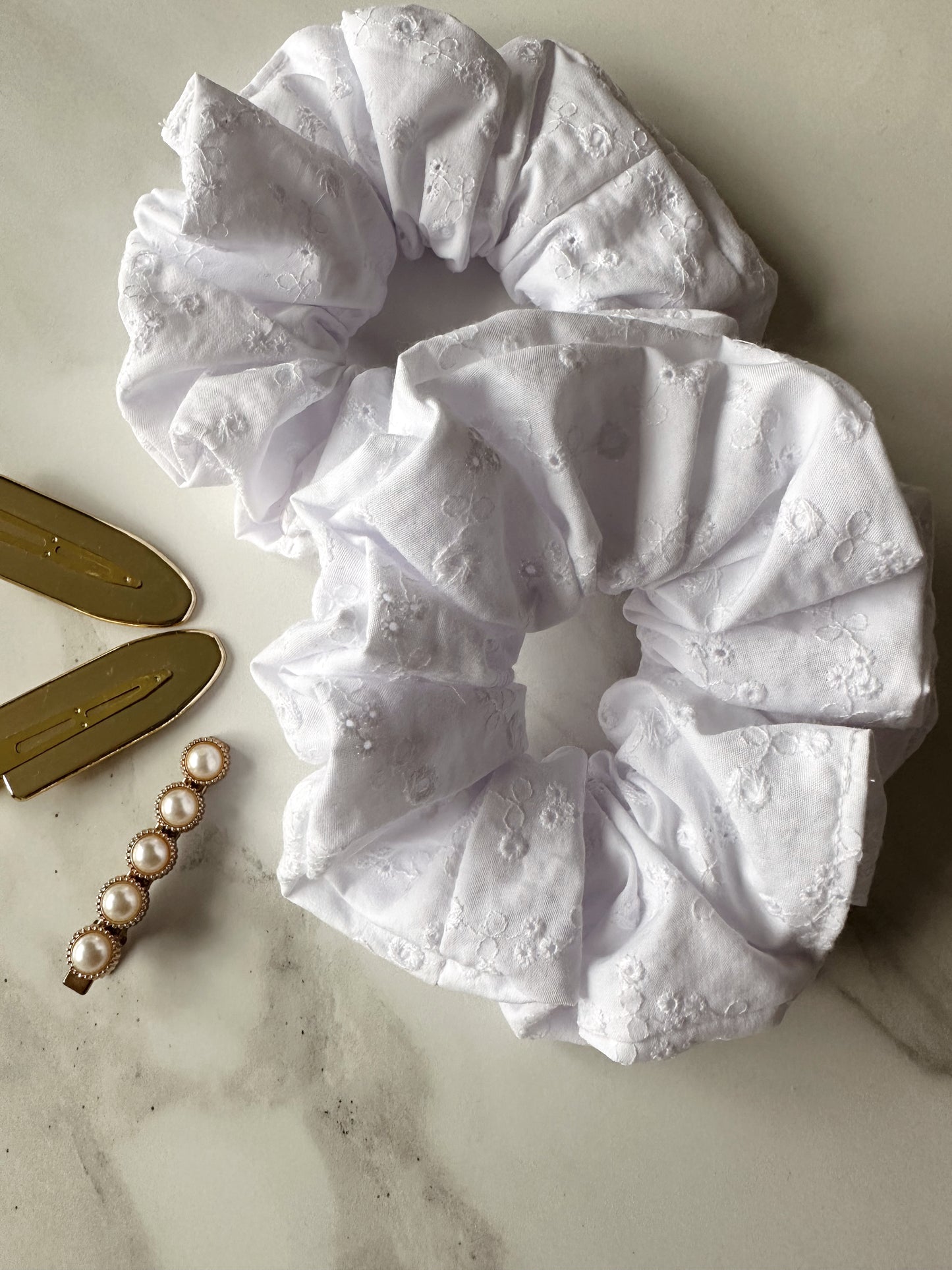 Handmade White Embroidered Scrunchie