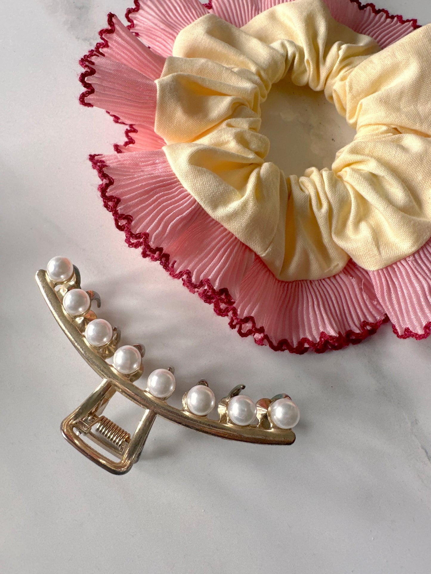 Handmade XL Butter Yellow and Pink Cotton Ruffle Scrunchie