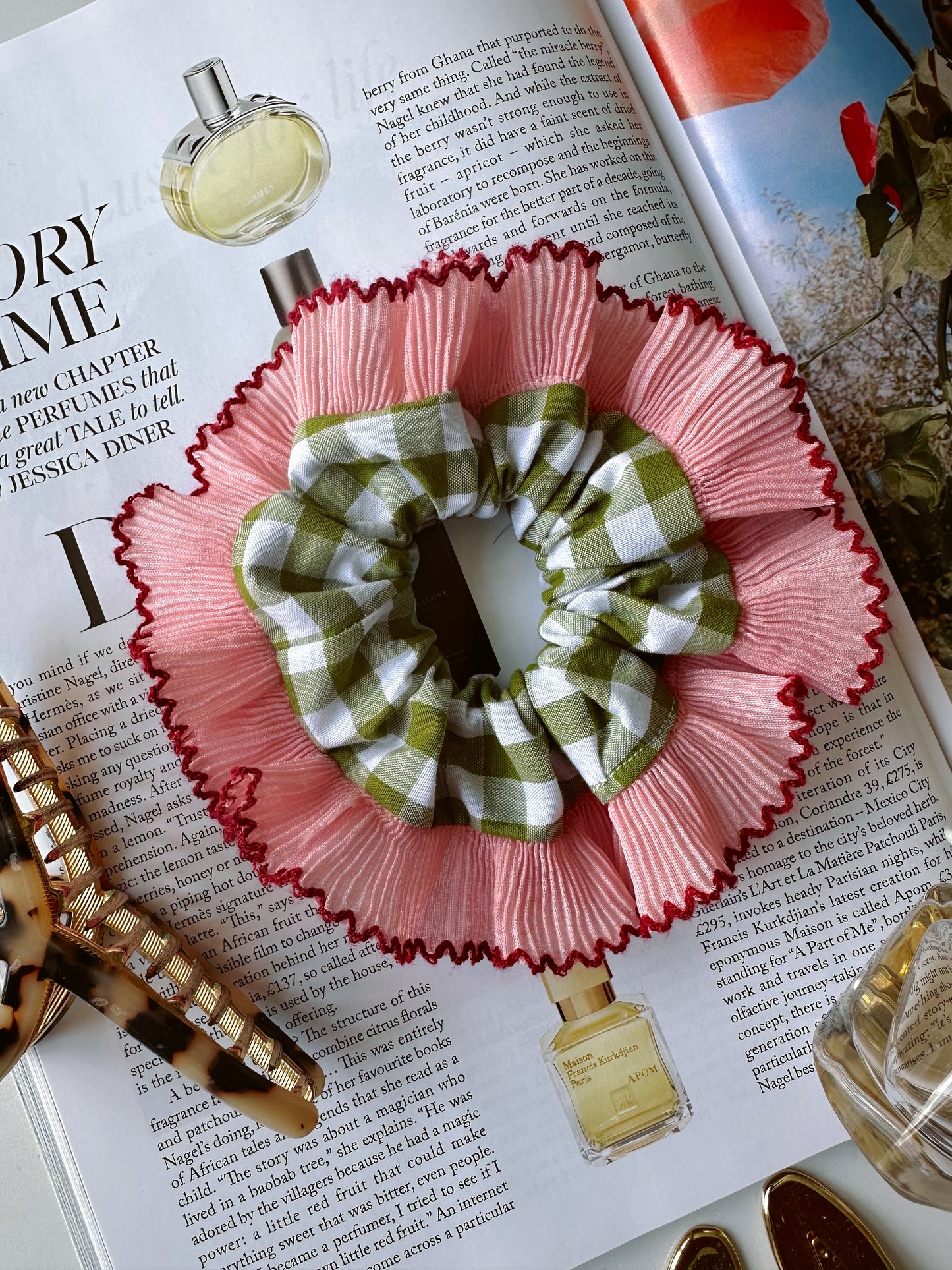 Mini Oversized Olive Green Gingham Scrunchie with Pink Frill Trim