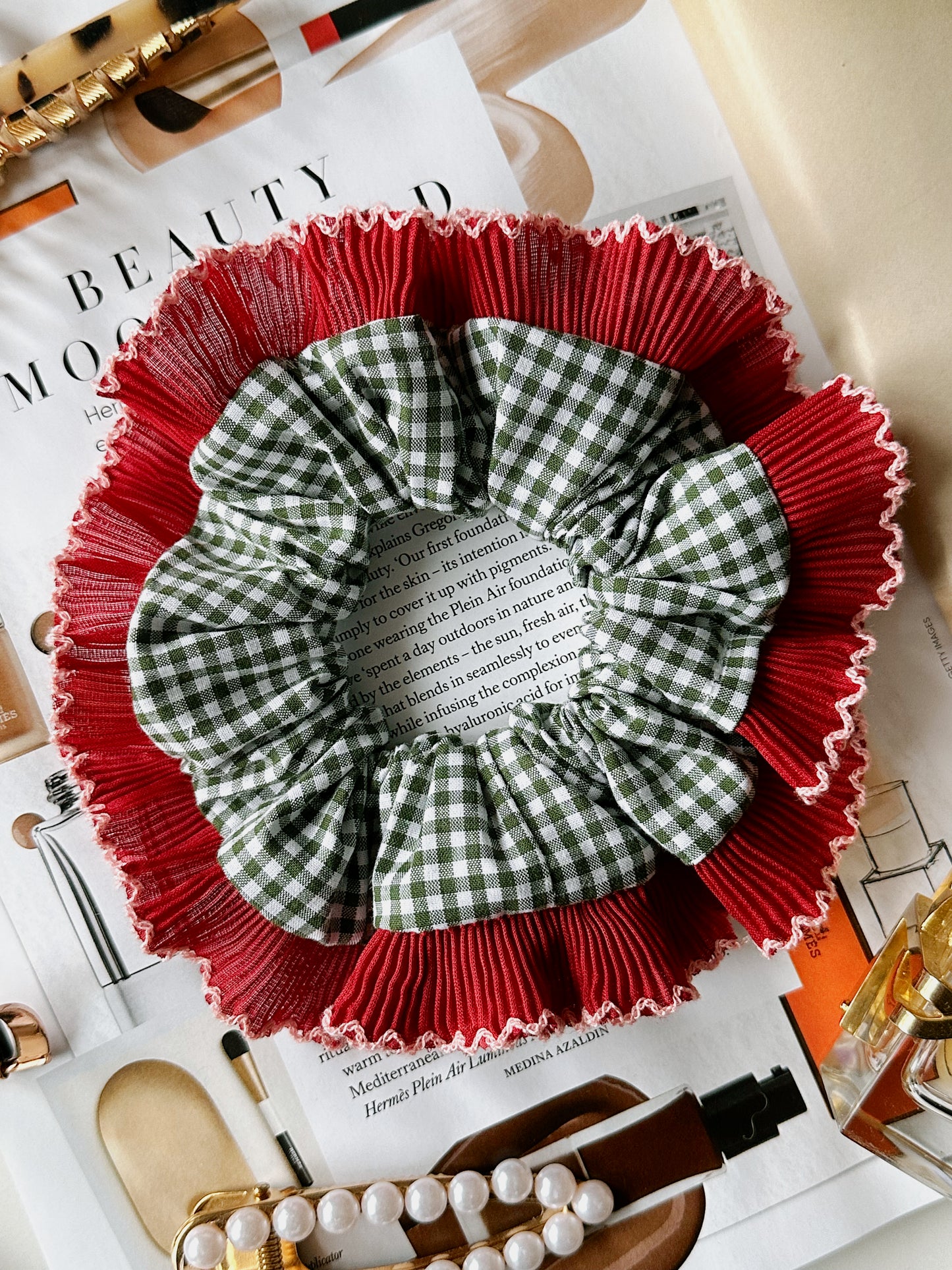 Handmade XL Dark Green Gingham Scrunchie with Red Frill Trim