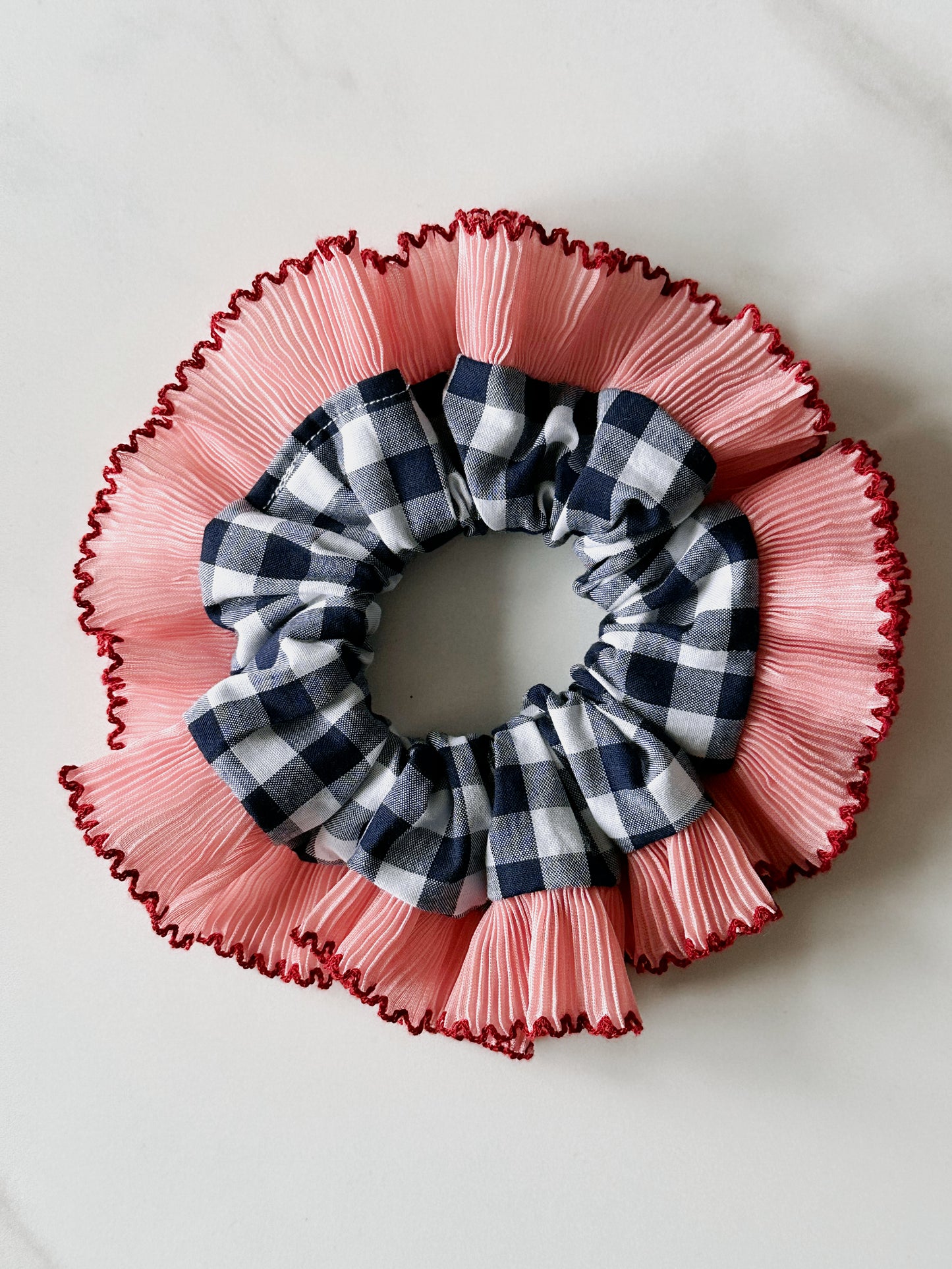 Handmade XL Navy Blue Gingham Scrunchie with Pink Frill Trim